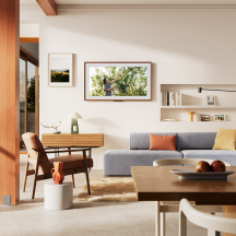 An Amazon Ember Artline TV in light-themed living room setting displaying a photo while in idle mode.