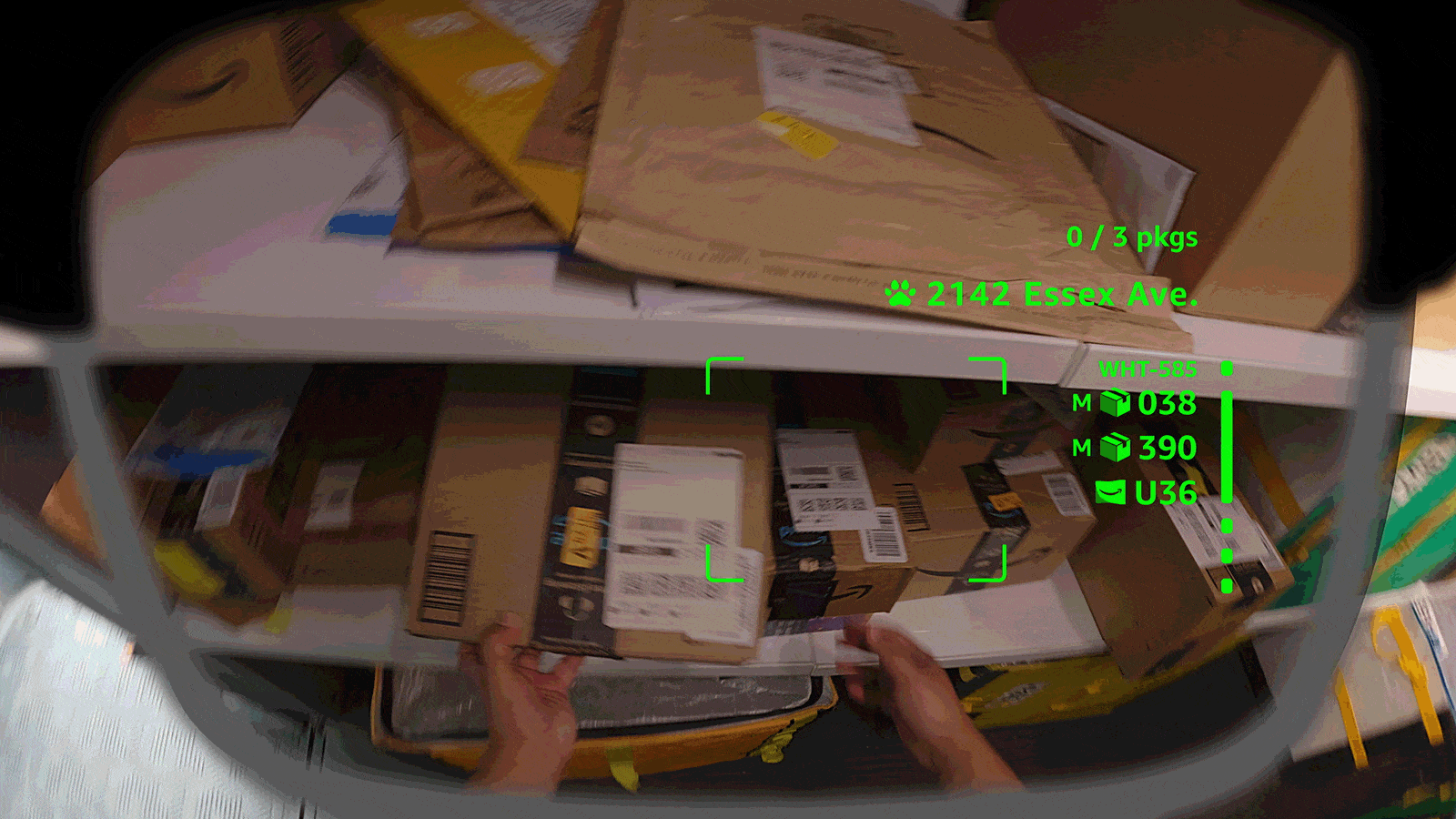 A gif showcasing the experience of an Amazon delivery driver wearing smart glasses to pick out the correct package.
