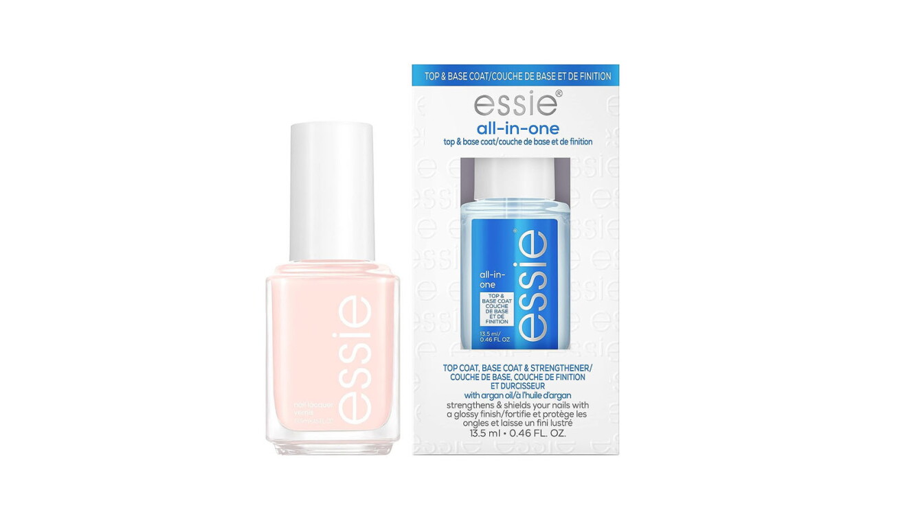 An image of a pale-pink bottle of nail polish with a white lid and the essie logo on the front. Next to the bottle is another nail polish in a white and blue box.