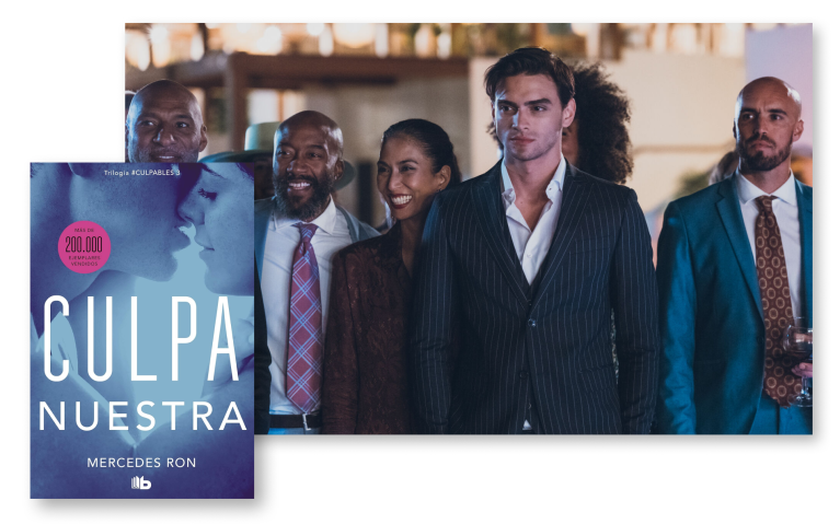 Five smartly dressed individuals walking towards the camera, with the book cover of 'Culpa Nuestra' overlaid