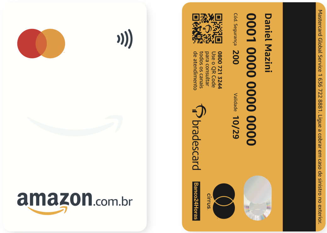 Ilustração do Cartão de crédito Amazon.com.br, branco na frente e amarelo no verso