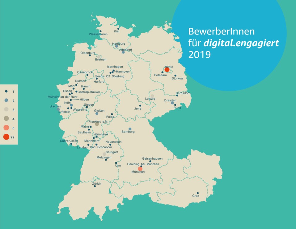 Die Teilnehmer von digital.engagiet kommen aus Deutschland, Österreich und der Schweiz. Die Karte zeigt aus welchen Teilen der Länder sie stammen. Die meisten kommen aus Berlin und München. 