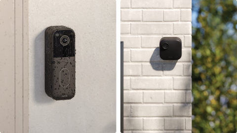 Blink doorbell with water droplets on it next to Blink Outdoor 4 camera
