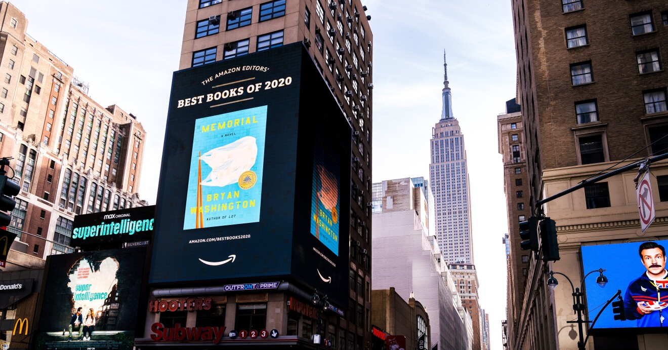 New York Square takeover of book title included Amazon's Best Books of the Year 2020 list.