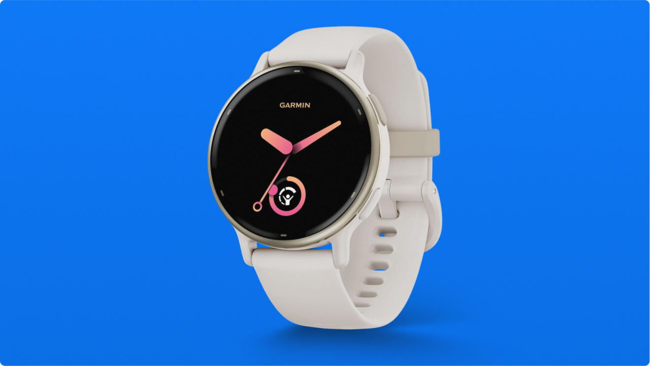 A Garmin smartwatch ona Prime blue background
