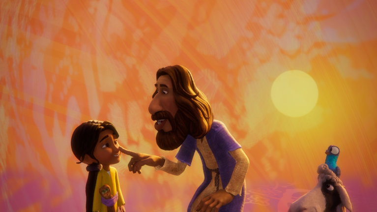 Animated man and child interact warmly against vibrant sunset backdrop