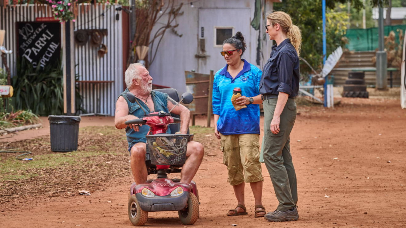 Steve Bisley, Madeleine Sami, and Kate Box in Deadloch Season 2