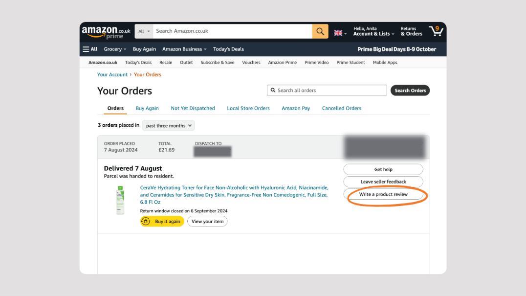 A screen showing how write a product review on desktop