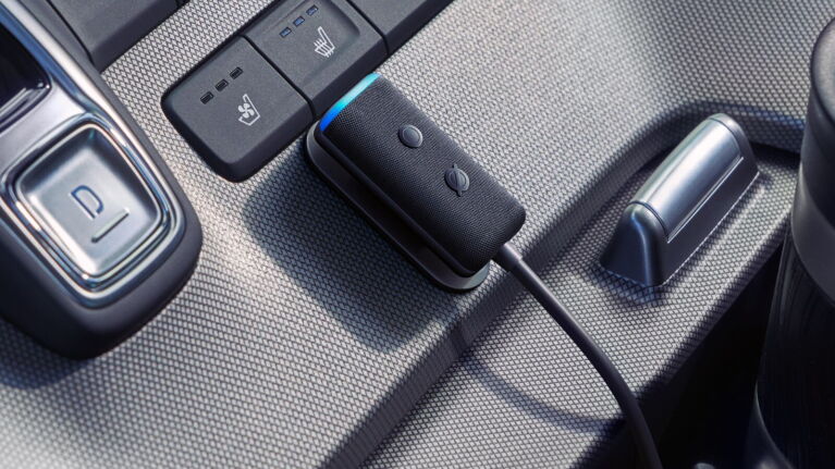 Amazon Echo Auto on a car's dashboard.