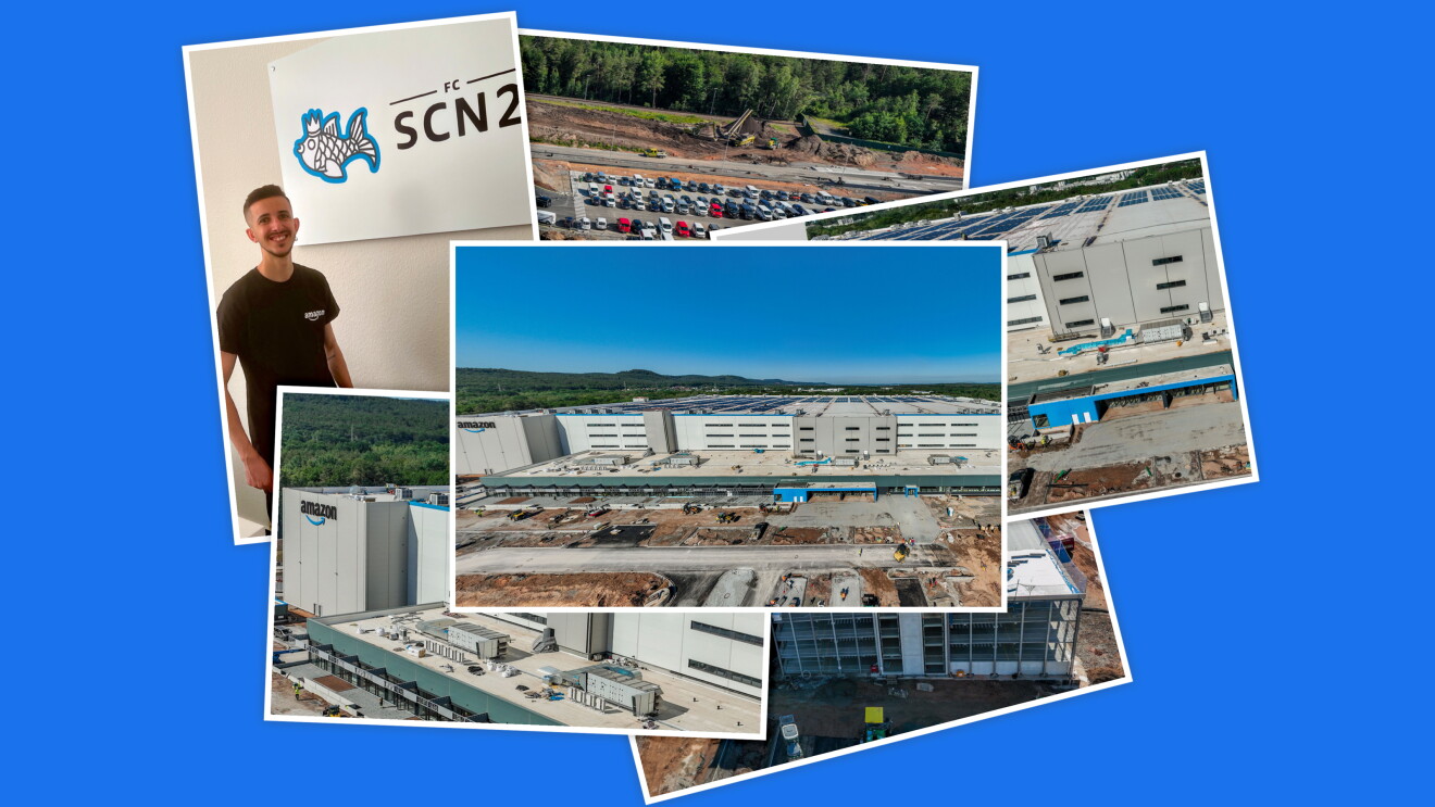 Collage aus mehreren Bildern von der Baustelle des neuen Amazon Logistikzentrums in Kaiserslautern, Kürzel: SCN2.