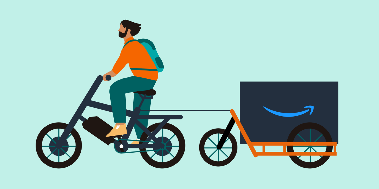 Illustration of an Amazon delivery driver on a bike