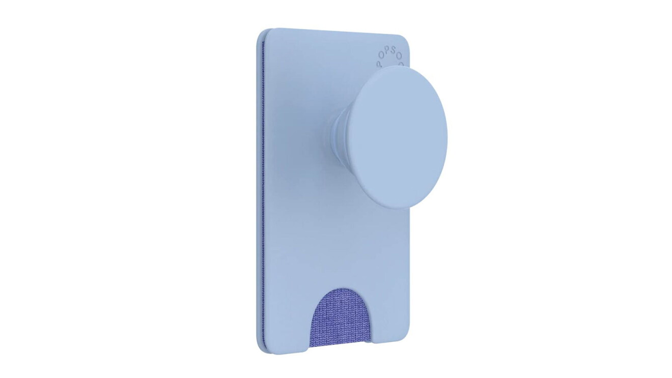 An image of a light-purple phone case with a circular stand poking out the back of it. There is a slot for cards at the bottom.