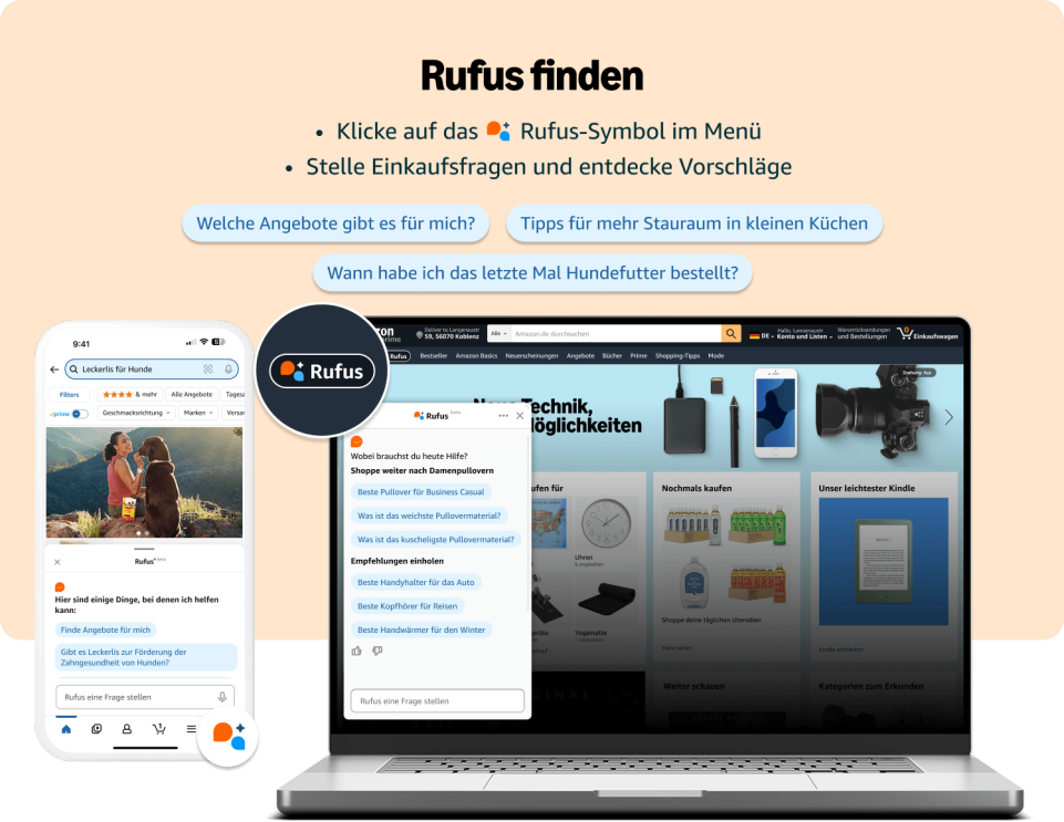Ein Desktop-Bild das zeigt wie man den KI-Assistenten Rufus bei Amazon.de findet. 