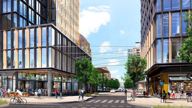 位于弗吉尼亚州阿灵顿的亚马逊第二总部大都会公园的效果图。