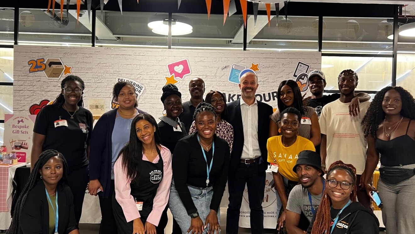 John Boumphrey, Country Manager, Amazon UK, with attendees of the Black Founders' Marketplace