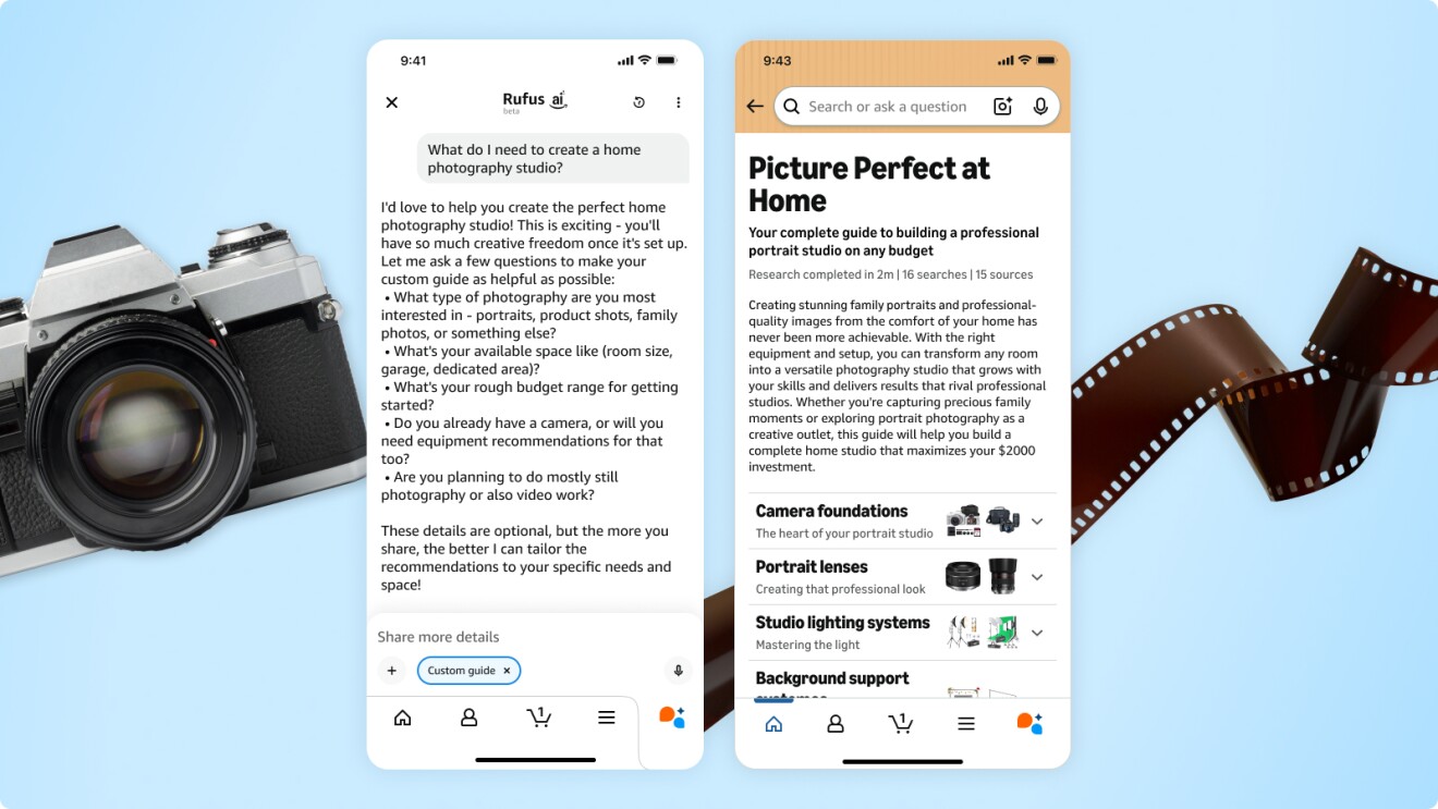 Rufus, Amazon's AI shopping assistant, mobile app interface showing a custom shopping guide for planning a home photography studio