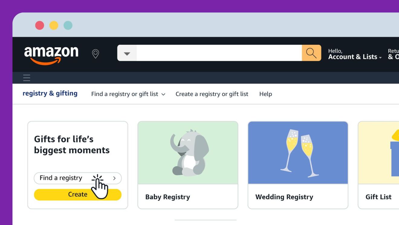 Amazon registry and gifting page with options for baby and wedding registries