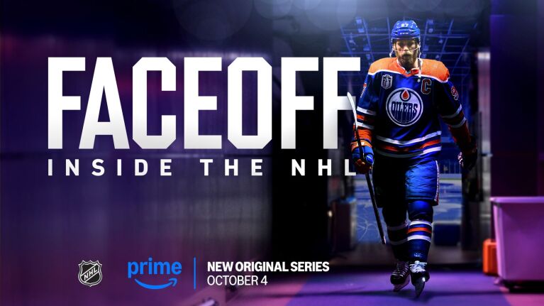 NHL player in Edmonton Oilers jersey promoting 'Faceoff' series on Prime Video.