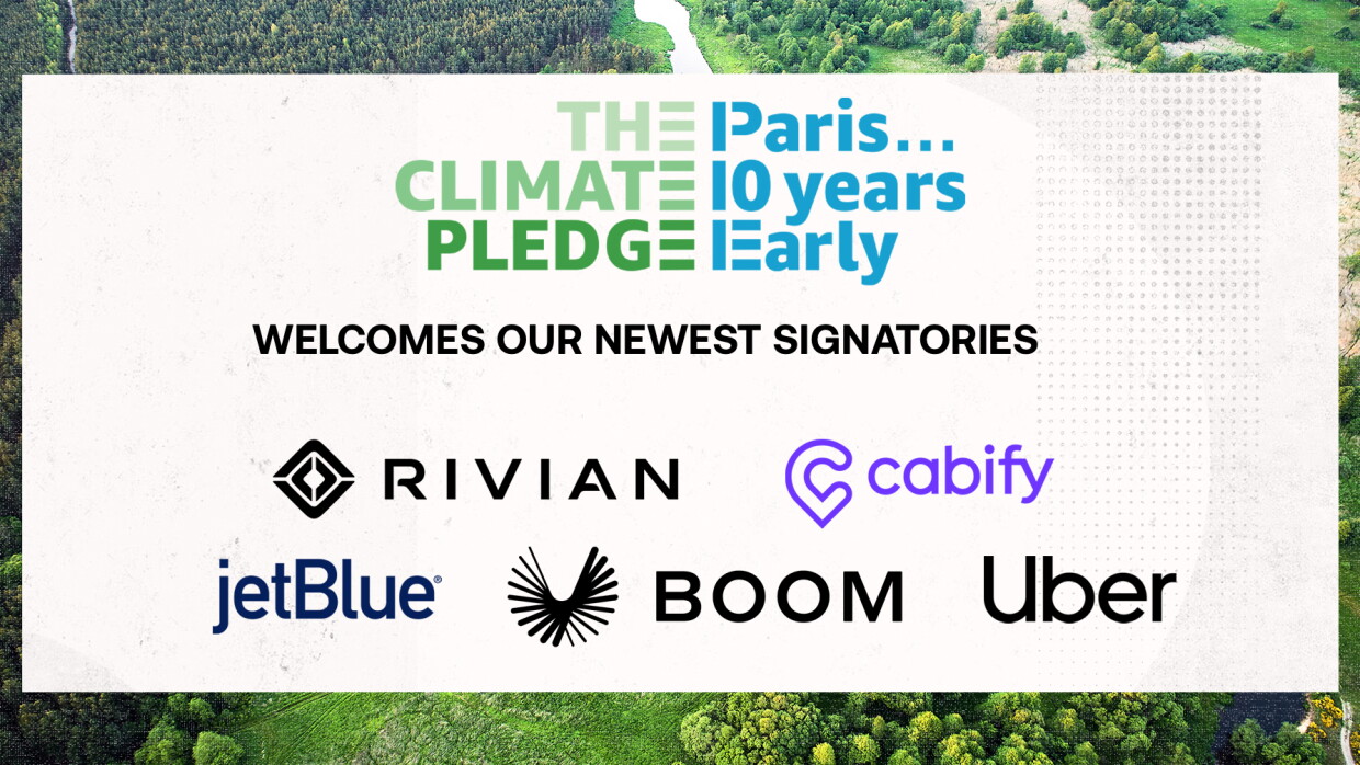 Logo of Climate Pledge Transportation Signatories - Rivian, JetBlue, Cabify, Boom and Uber