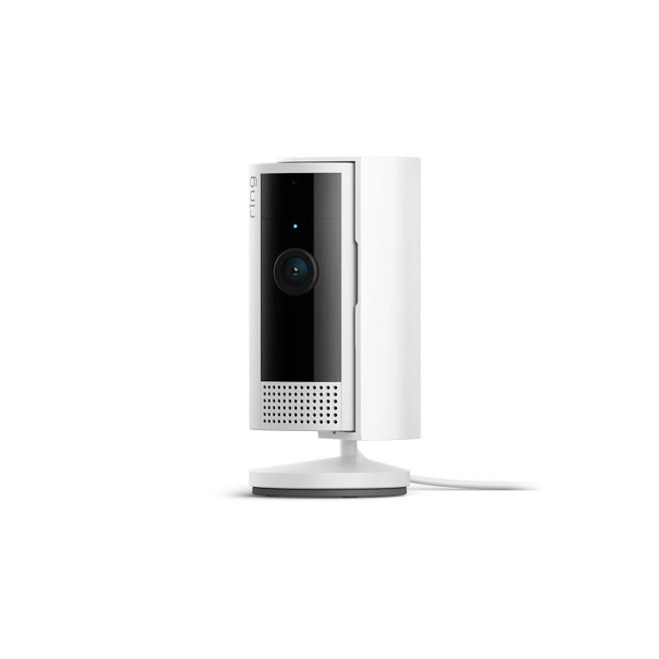白い円筒状のセキュリティカメラ。側面にレンズとスピーカーがついている。コードが見える