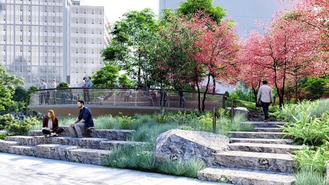 位于弗吉尼亚州阿灵顿的亚马逊第二总部大都会公园的效果图。