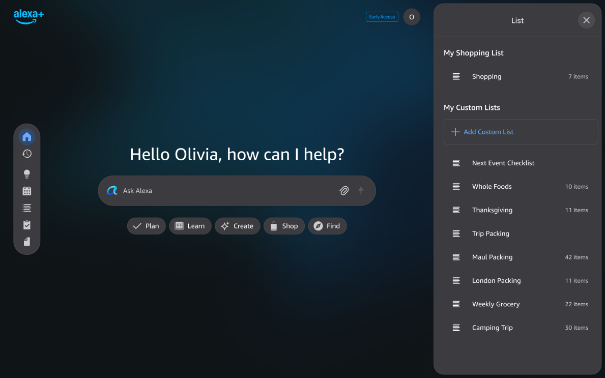 Alexa interface greeting Olivia with shopping lists displayed