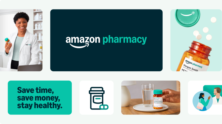 Collage of logo imagery for Amazon Pharmacy. Including slogan, graphics, medicine, and a female doctor.