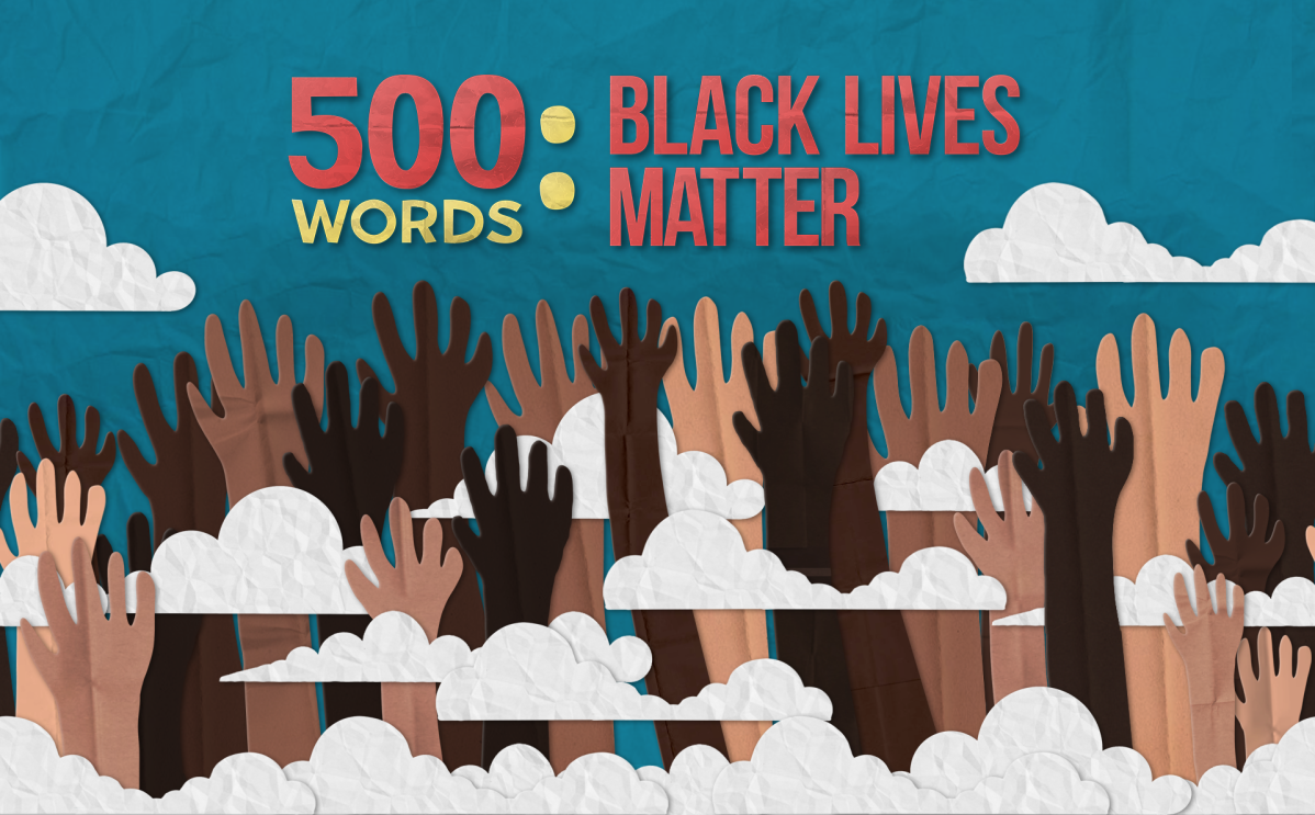 An image of different coloured hands being raised under the 500 Words logo. 