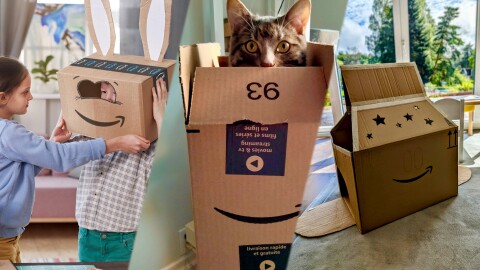 Eine Collage, sie zeigt: ein Kind mit einer Amazon Karton-Maske mit Hasenohren, ein Kätzchen, das aus einem Amazon Karton schaut und eine aus einem Amazon Karton bebastelte Burg.