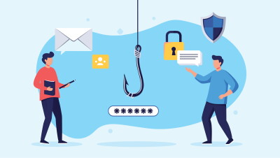 Cybersecurity concept of a phishing attack with a large hook stealing a password from two unsuspecting users online. 