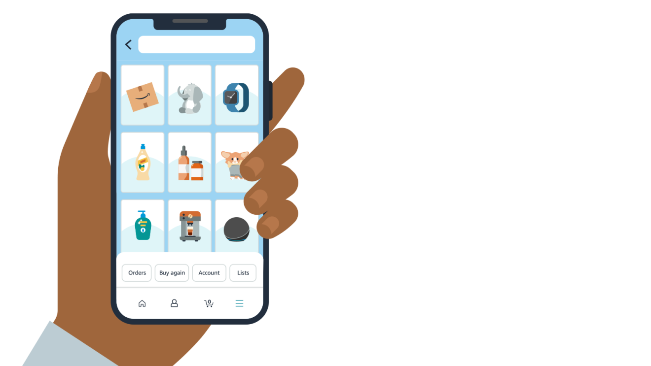 一幅插图的手拿着手机,显示了亚马逊的应用程序。