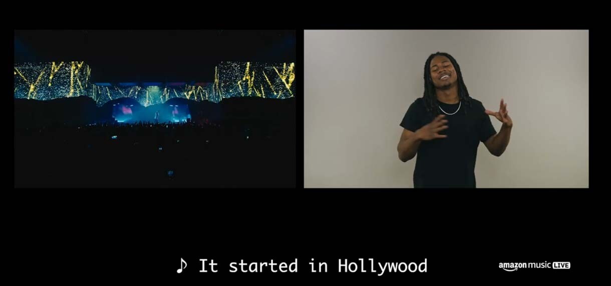 Otis interprets the song lyrics on one side of the screen while A$AP Rocky performs to a large crowd on the other side.