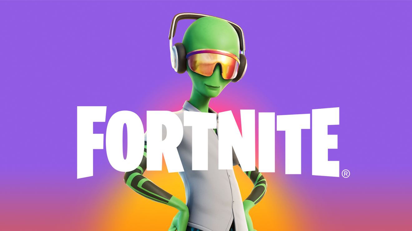 Fortnite logo with alien character wearing headphones and goggles