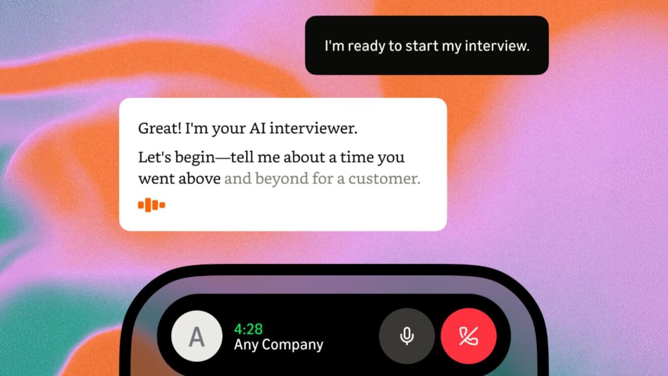 AI interviewer asking candidate to describe a time they went above and beyond for a customer during a 4:28 minute interview call