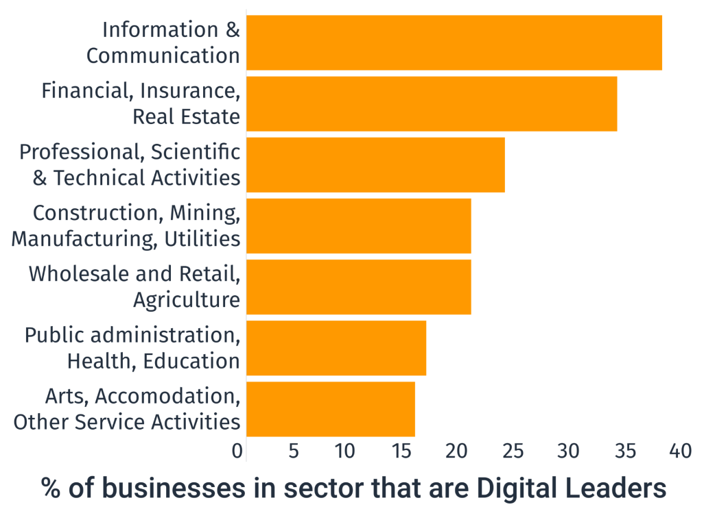 A graph highlighting the percentage of businesses in sector that are Digital Leaders