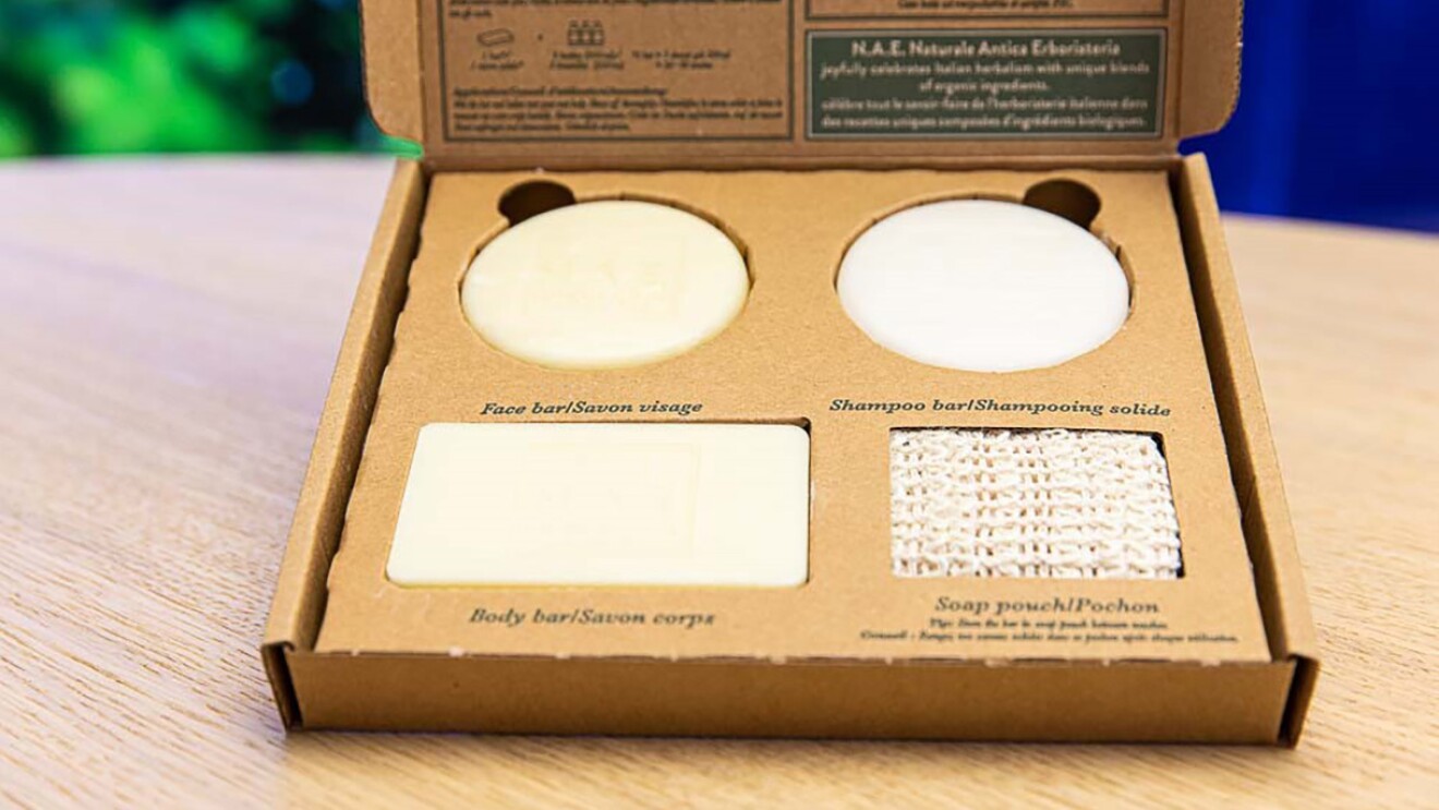 The new Henkel N.A.E. solids box, which contains beauty products that prevent environmental waste consumption when customers use these items instead of traditional shower gel, shampoo, and face cleaner in plastic packaging.