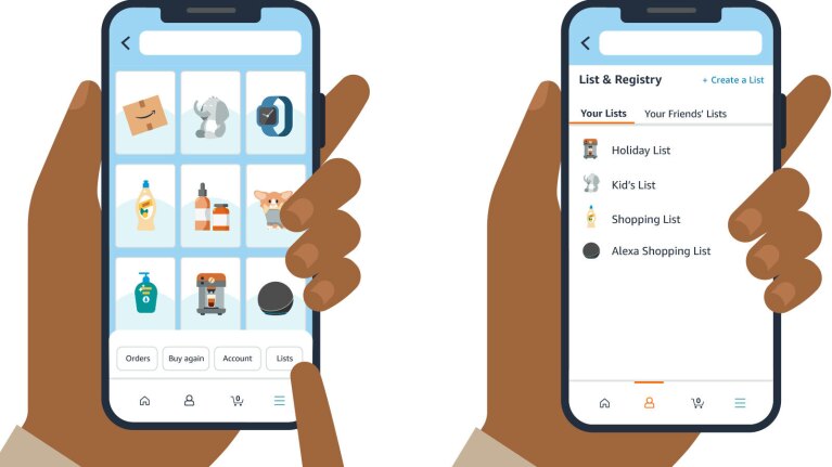 An illustration of two smart phone screens displaying Amazon Wish Lists.