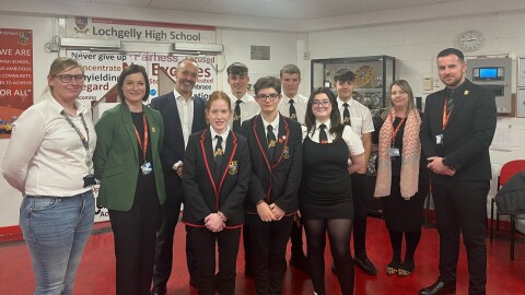 John Boumphrey with Lochgelly High school pupils.jpg