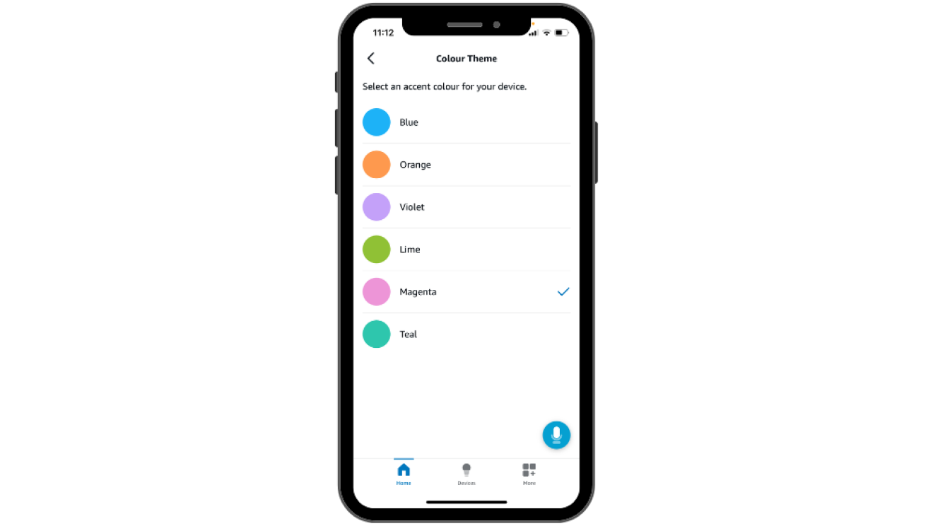 A mobile phone showing the change theme feature on the alexa app