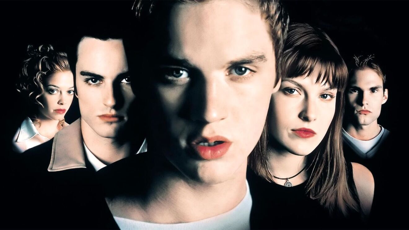 Cast portrait from Final Destination (2000) with intense gazes