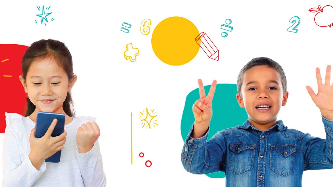Children stood working out mathematical equations on a colourful background 