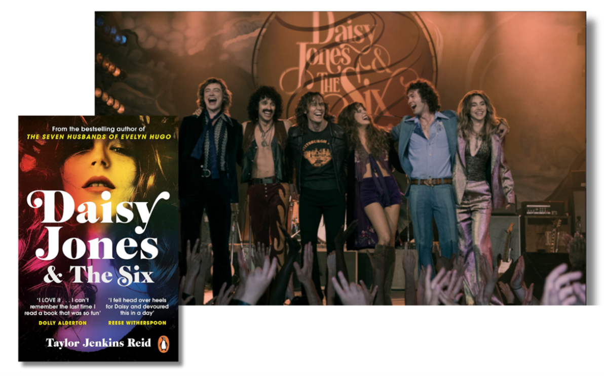 The front book cover of Daisy Jones & The Six and an image from the prime video show