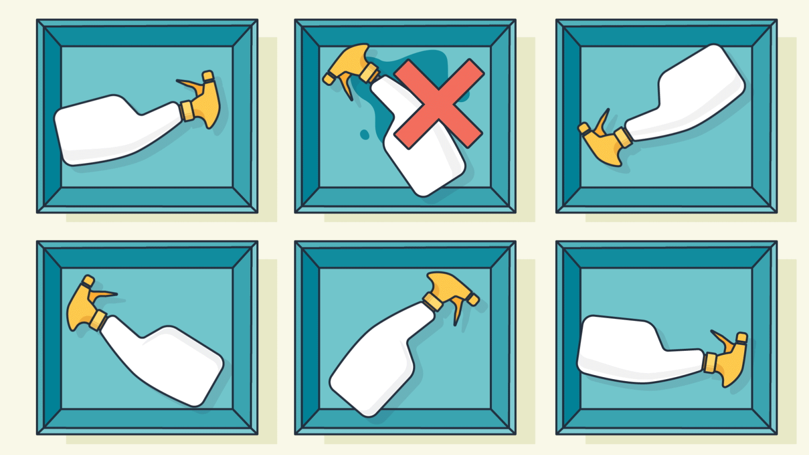 Ilustração em gif mostra diversos sprays, cada um em uma caixa azul. Um deles tem um X vermelho, indicando defeito
