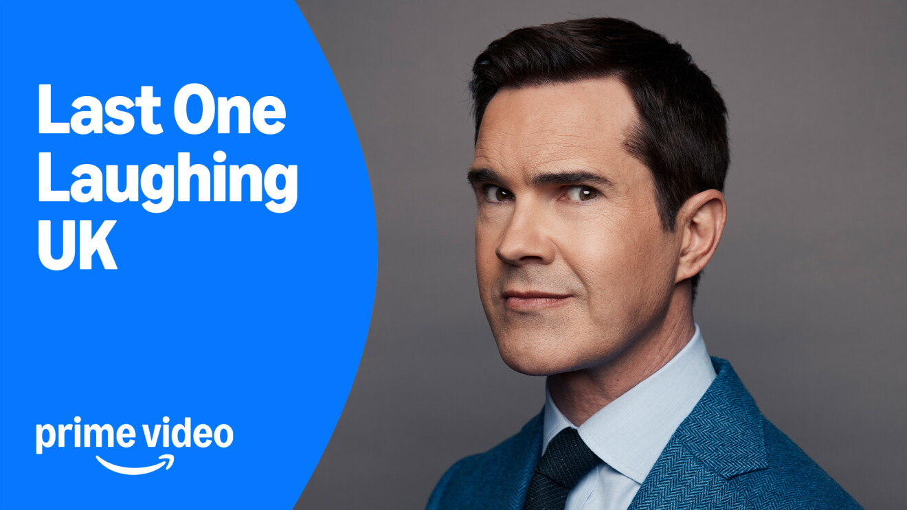 A photo of comedian Jimmy Carr next to the Prime Video logo to promote the new show Last One Laughing UK