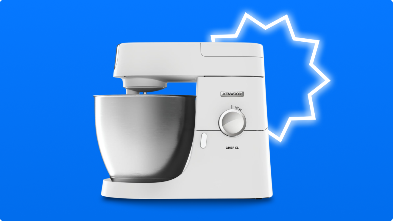Kenwood Chef XL stand mixer on blue background with glowing starburst effect