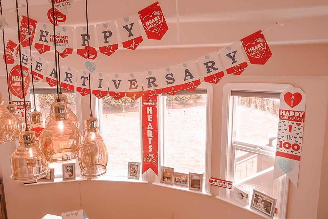 Party decorations for a "heartiversary" party.