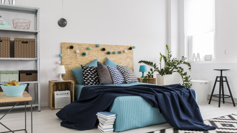 Picture of a bedroom , with a blue theme
