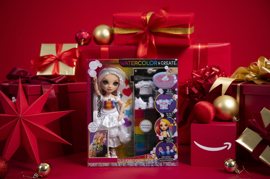 MGA Rainbow High Watercolour & Create DIY Fashion Doll surrounded by christmas packaging 