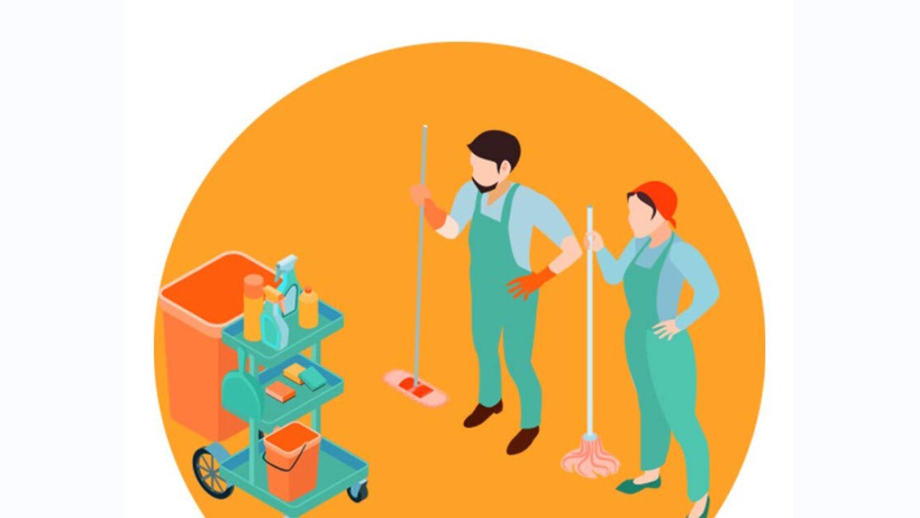 Illustration on orange background illustrating COVID-19 safety measures that individuals can take, including handwashing or social distancing.