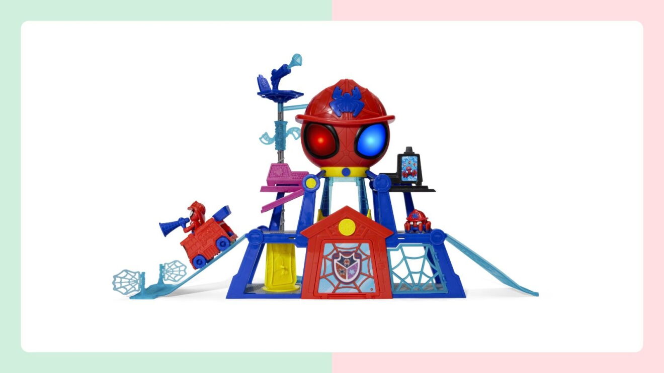 Spider-Man themed toy playset with slides, tower, and vehicle